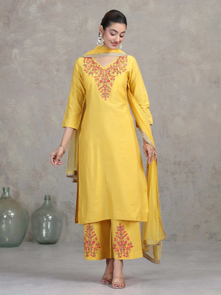 Yellow Floral Embroidered A-Line Ethnic Set