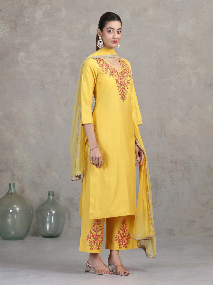 Yellow Floral Embroidered A-Line Ethnic Set