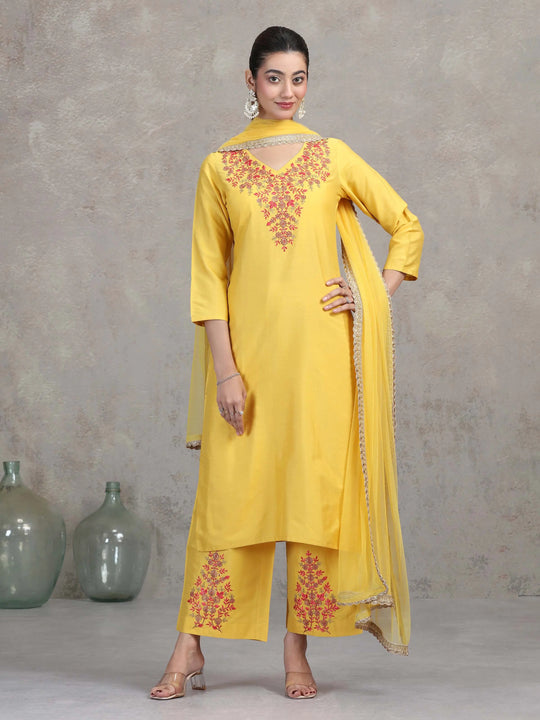 Yellow Floral Embroidered A-Line Ethnic Set