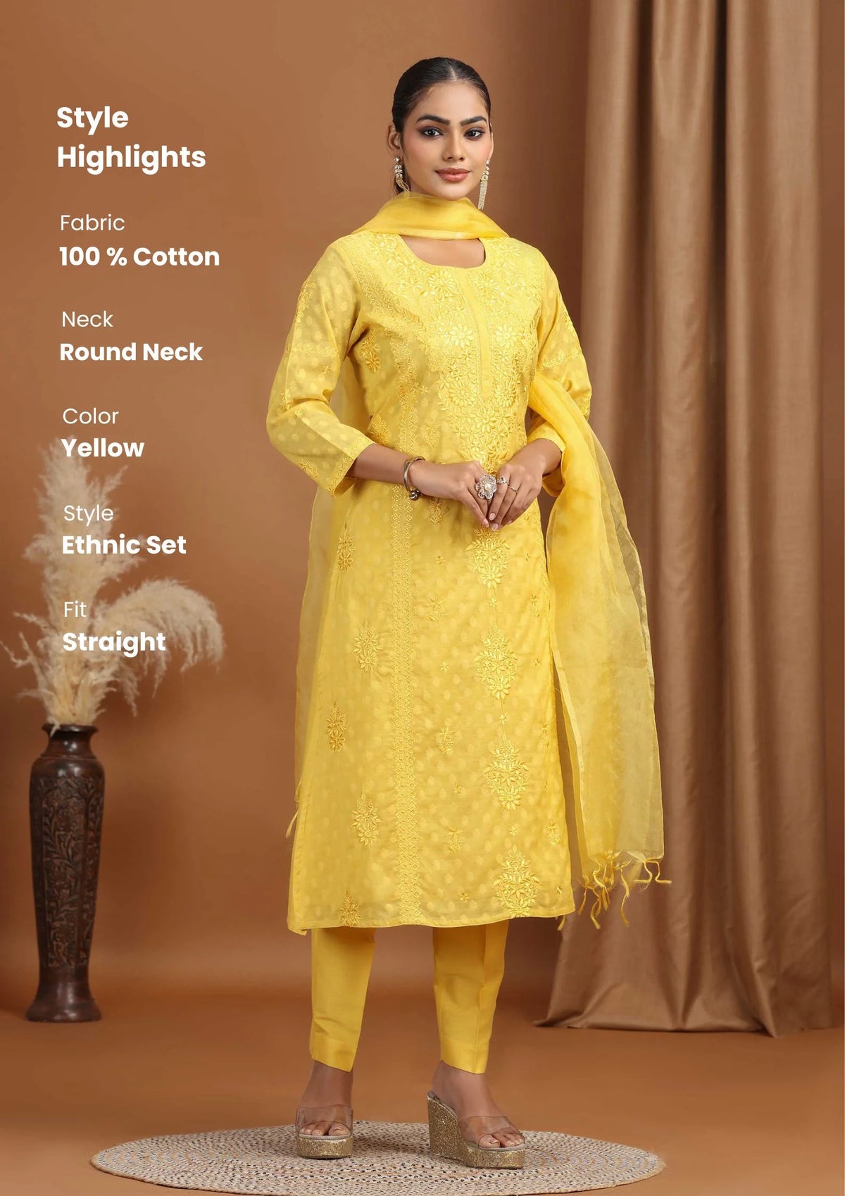 Yellow Floral Embroidered Cotton Straight Ethnic Set