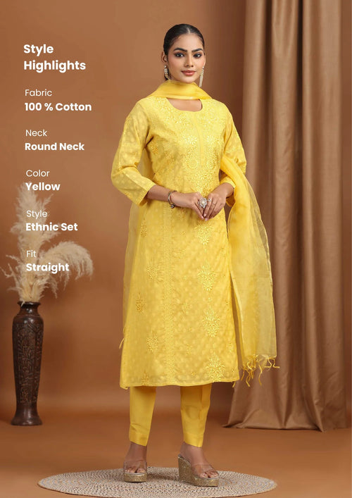 Yellow Floral Embroidered Cotton Straight Ethnic Set