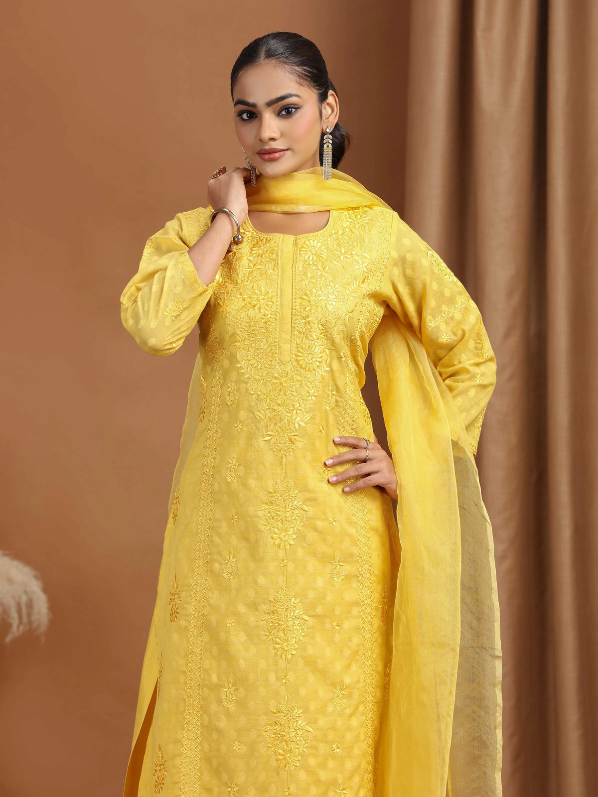 Yellow Floral Embroidered Cotton Straight Ethnic Set
