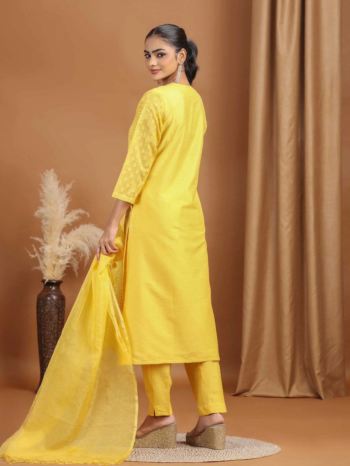 Yellow Floral Embroidered Cotton Straight Ethnic Set