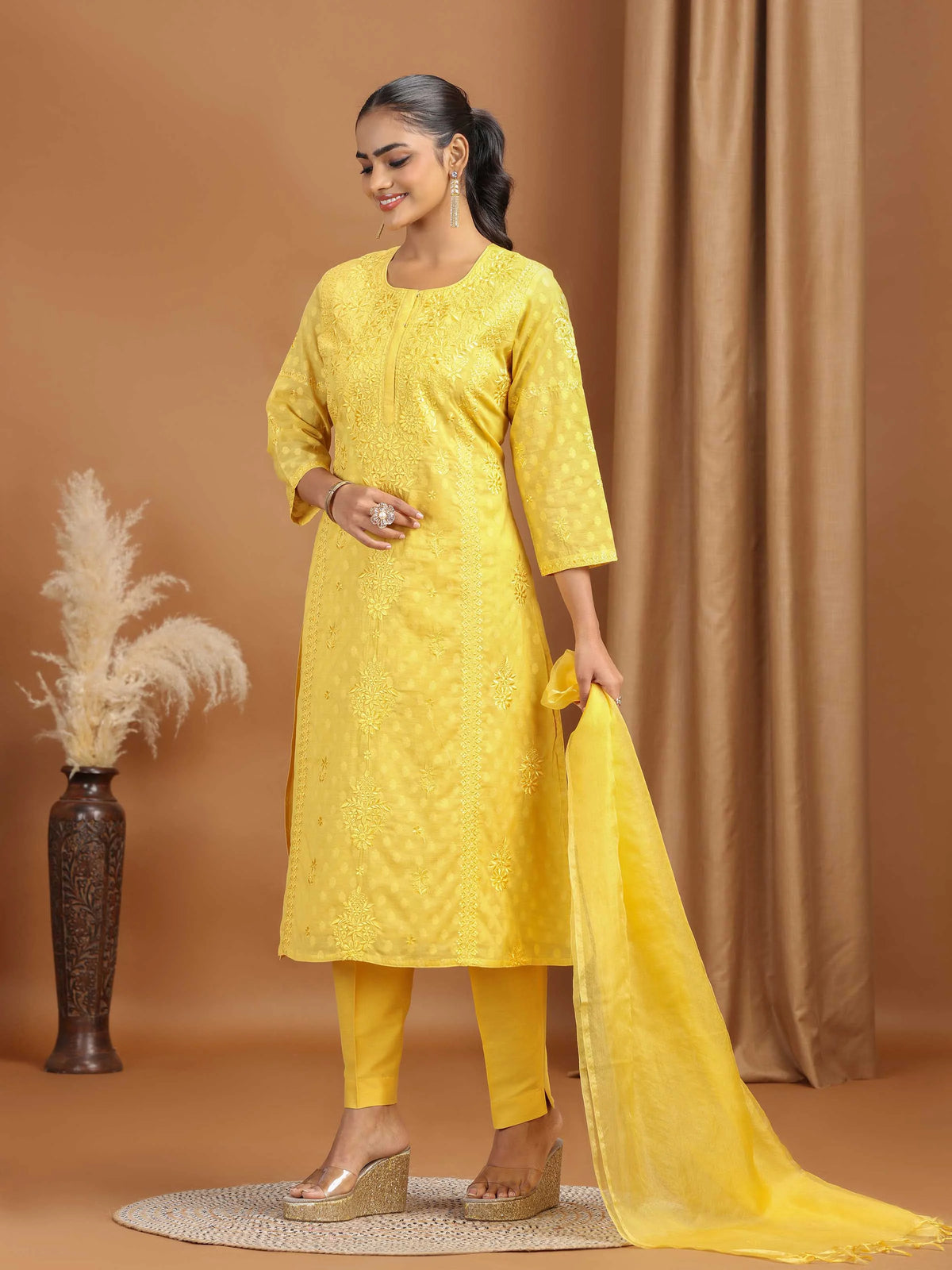 Yellow Floral Embroidered Cotton Straight Ethnic Set