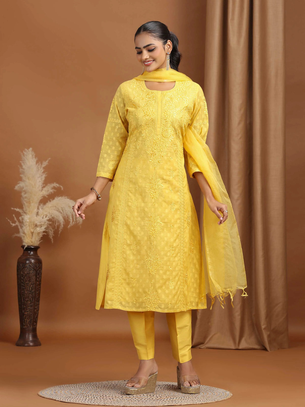 Yellow Floral Embroidered Cotton Straight Ethnic Set