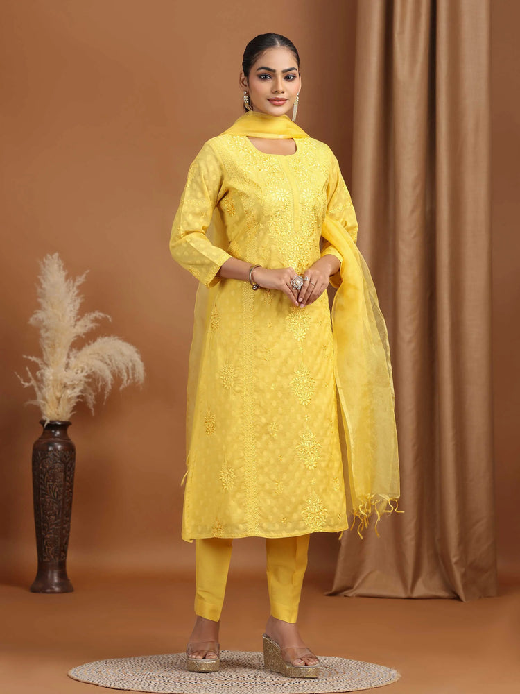 Yellow Floral Embroidered Cotton Straight Ethnic Set