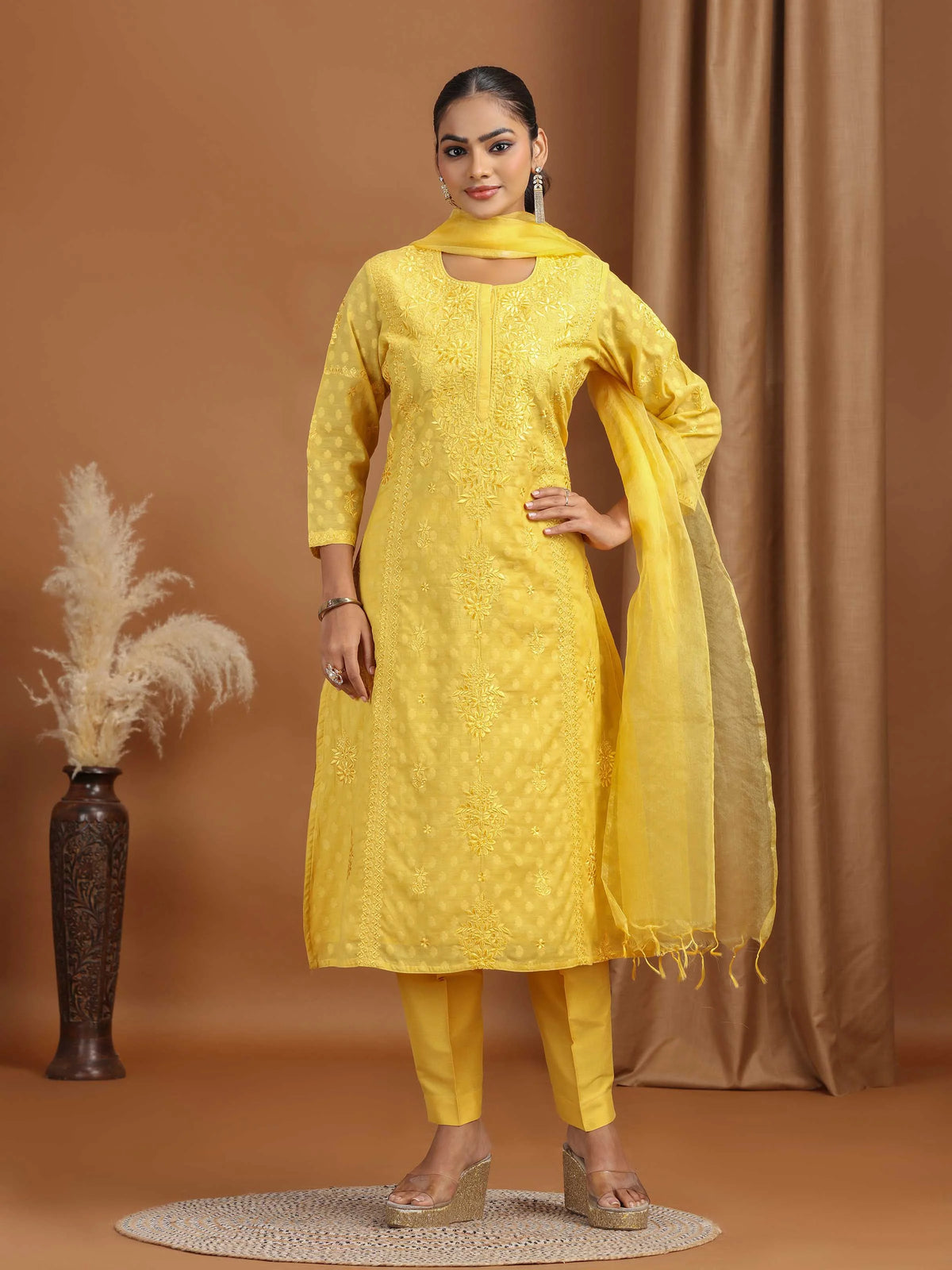 Yellow Floral Embroidered Cotton Straight Ethnic Set