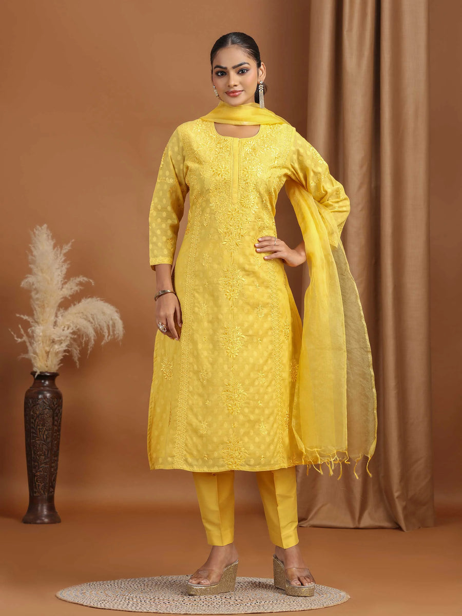 Yellow Floral Embroidered Cotton Straight Ethnic Set