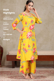 Yellow Floral Embroidered Straight Co-ord Set