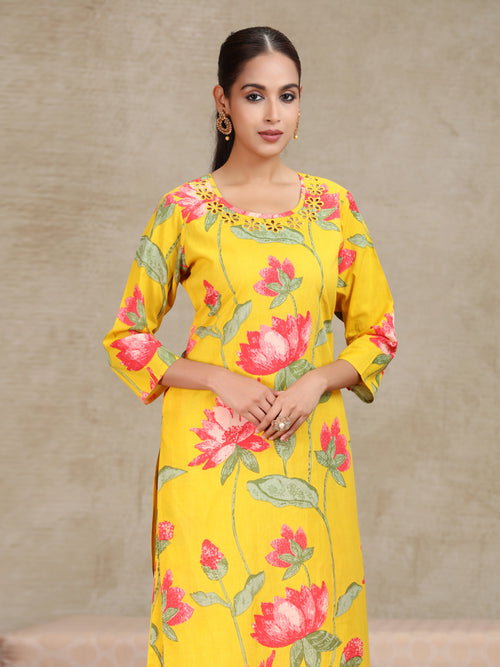 Yellow Floral Embroidered Straight Co-ord Set