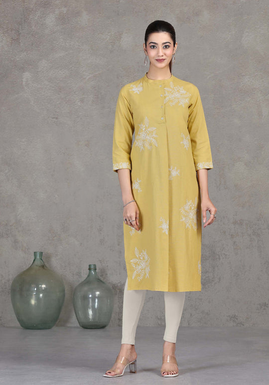 Yellow Floral Embroidered Straight Kurta