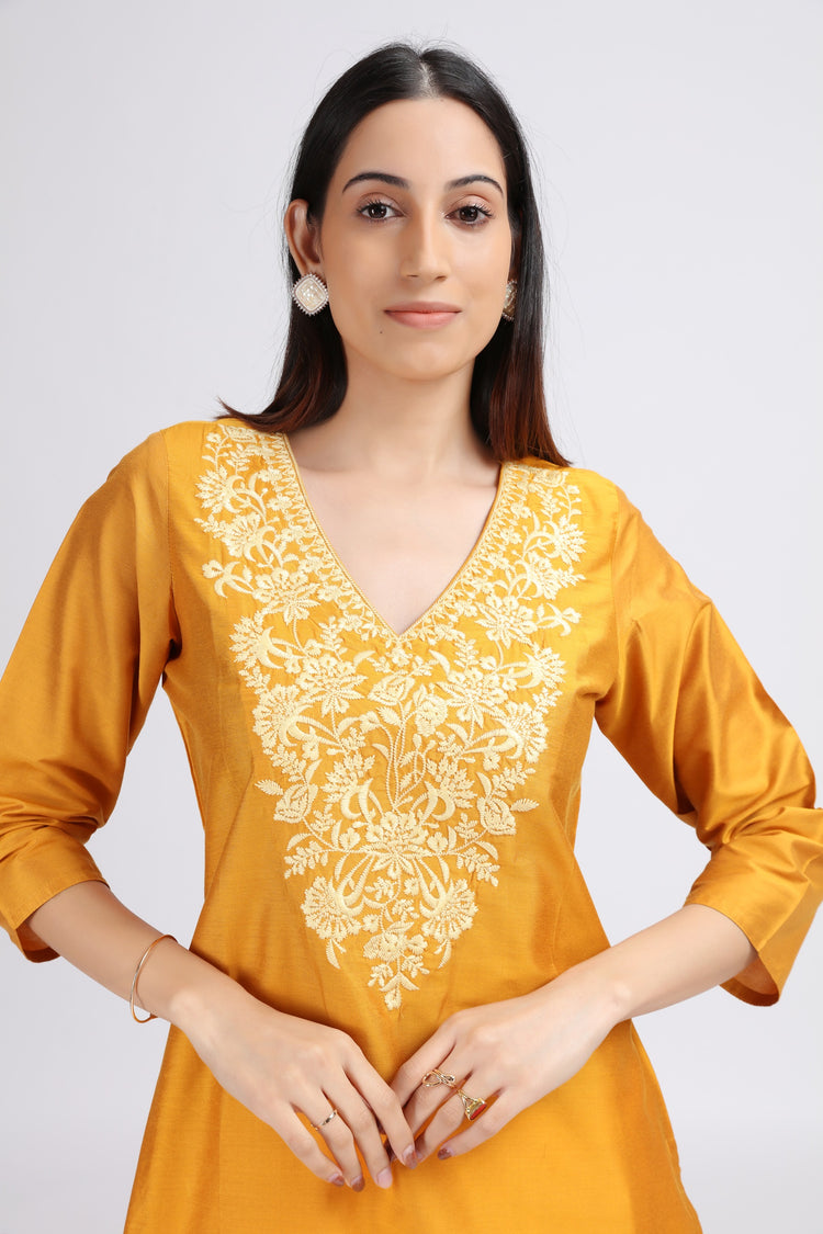 Yellow Floral Embroidered Straight Kurta