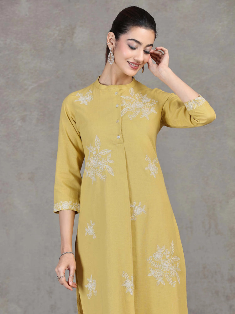 Yellow Floral Embroidered Straight Kurta