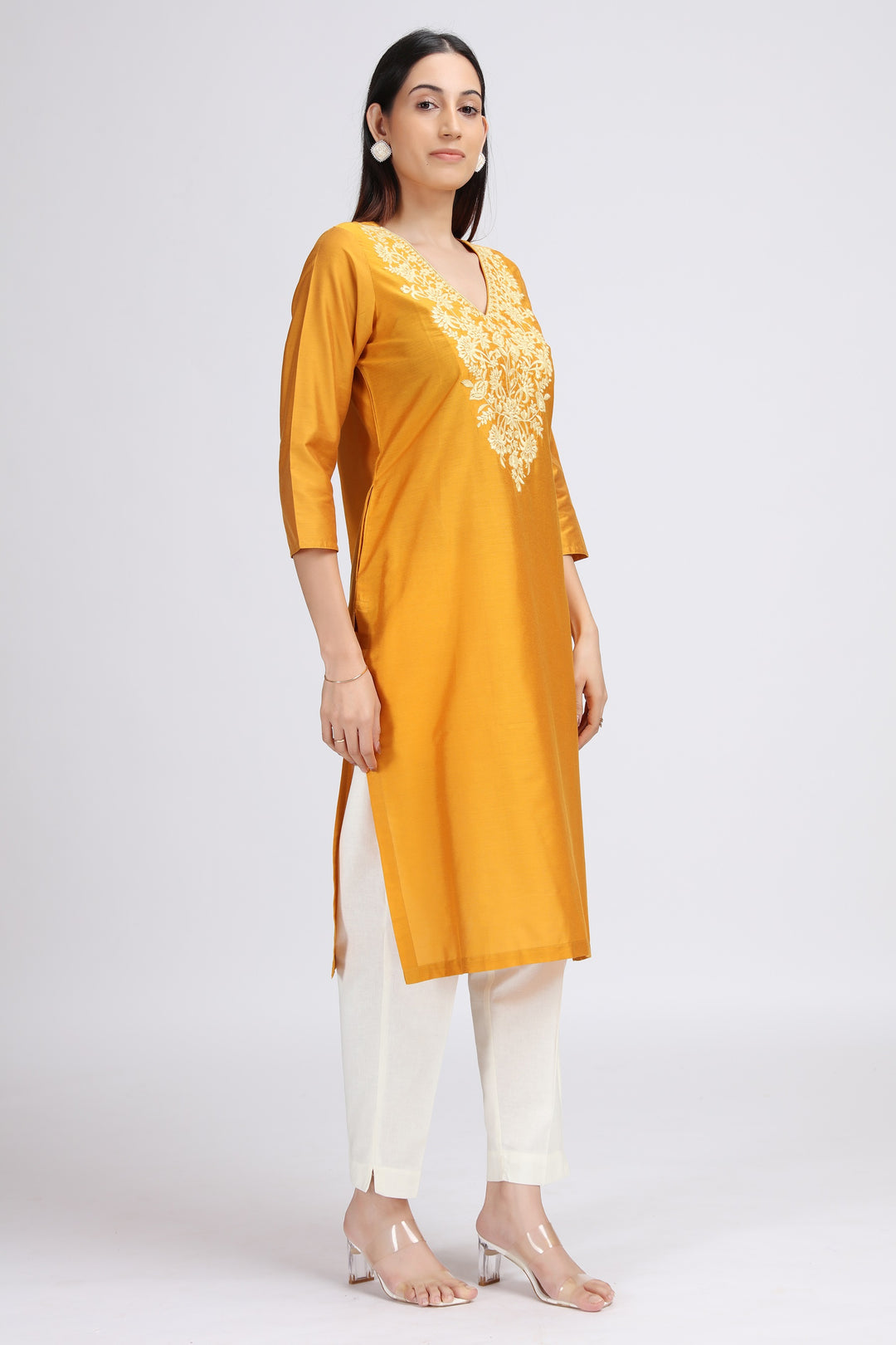 Yellow Floral Embroidered Straight Kurta