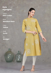 Yellow Floral Embroidered Straight Kurta
