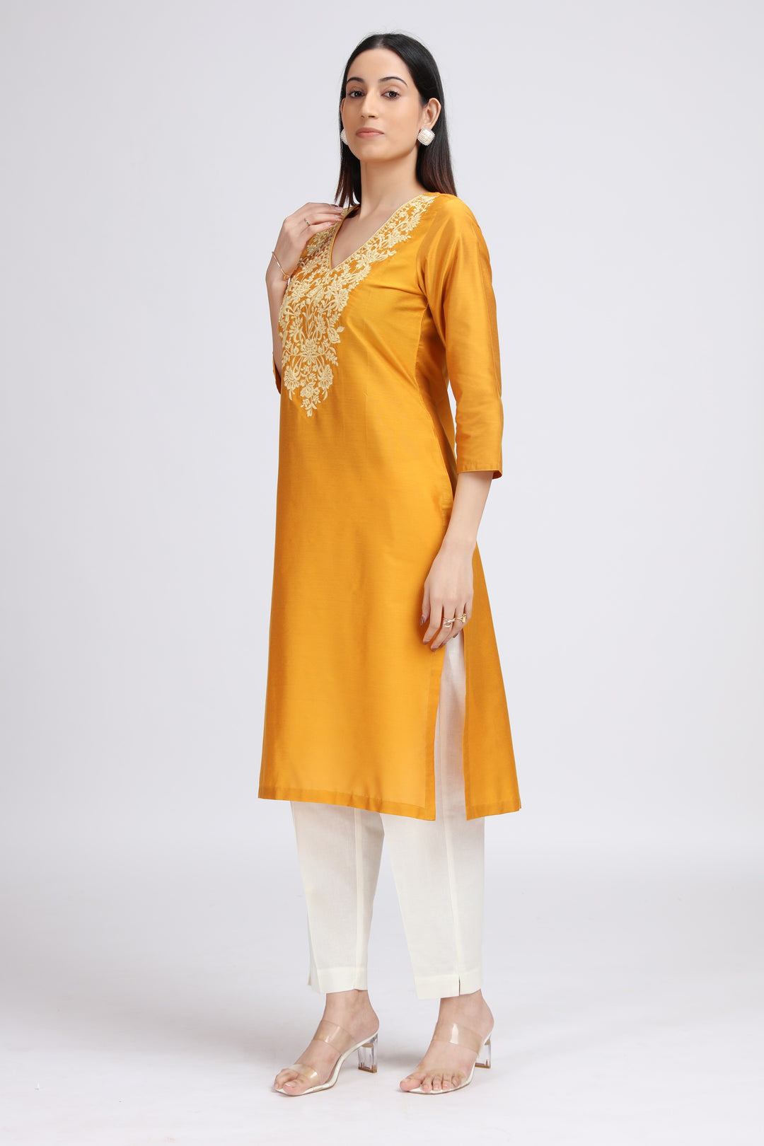 Yellow Floral Embroidered Straight Kurta