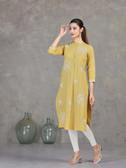 Yellow Floral Embroidered Straight Kurta