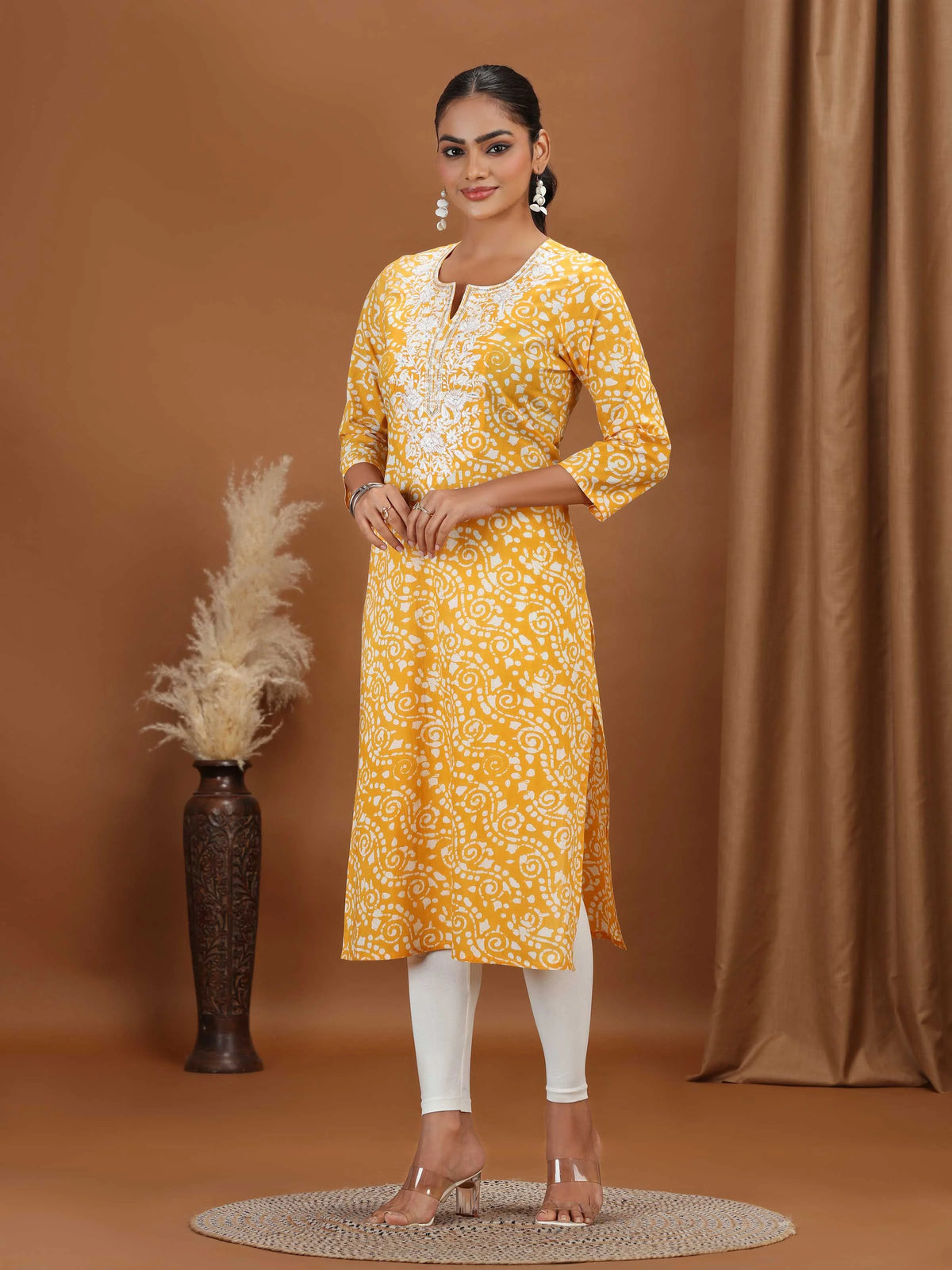 Yellow Embroidered Straight Kurta
