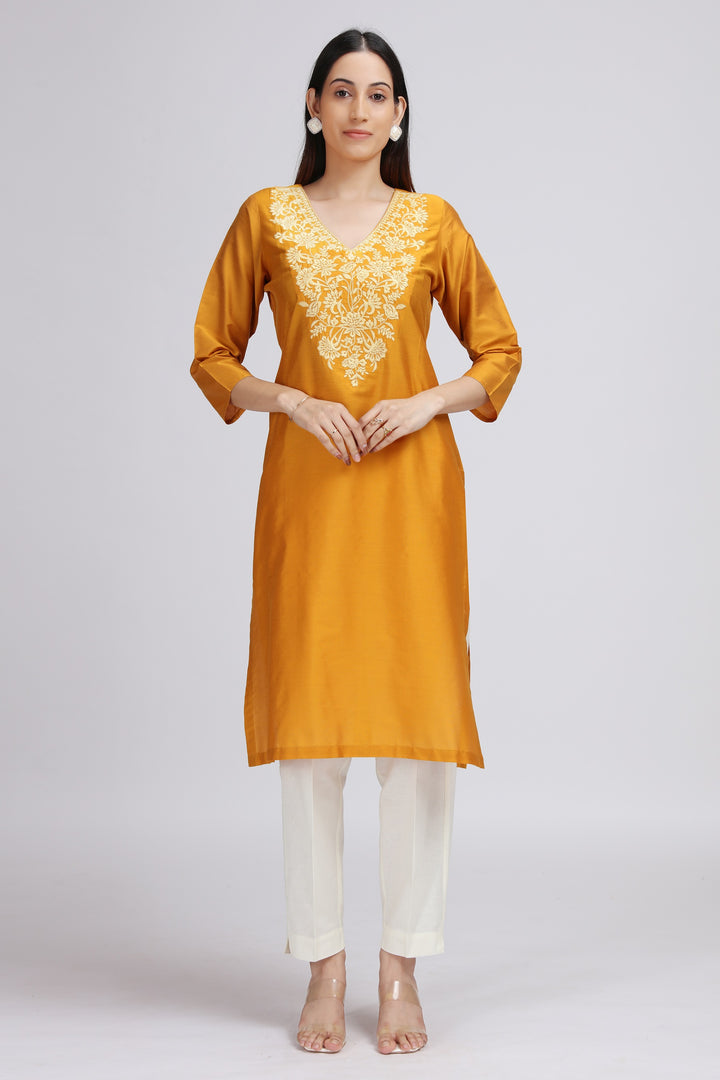 Yellow Floral Embroidered Straight Kurta
