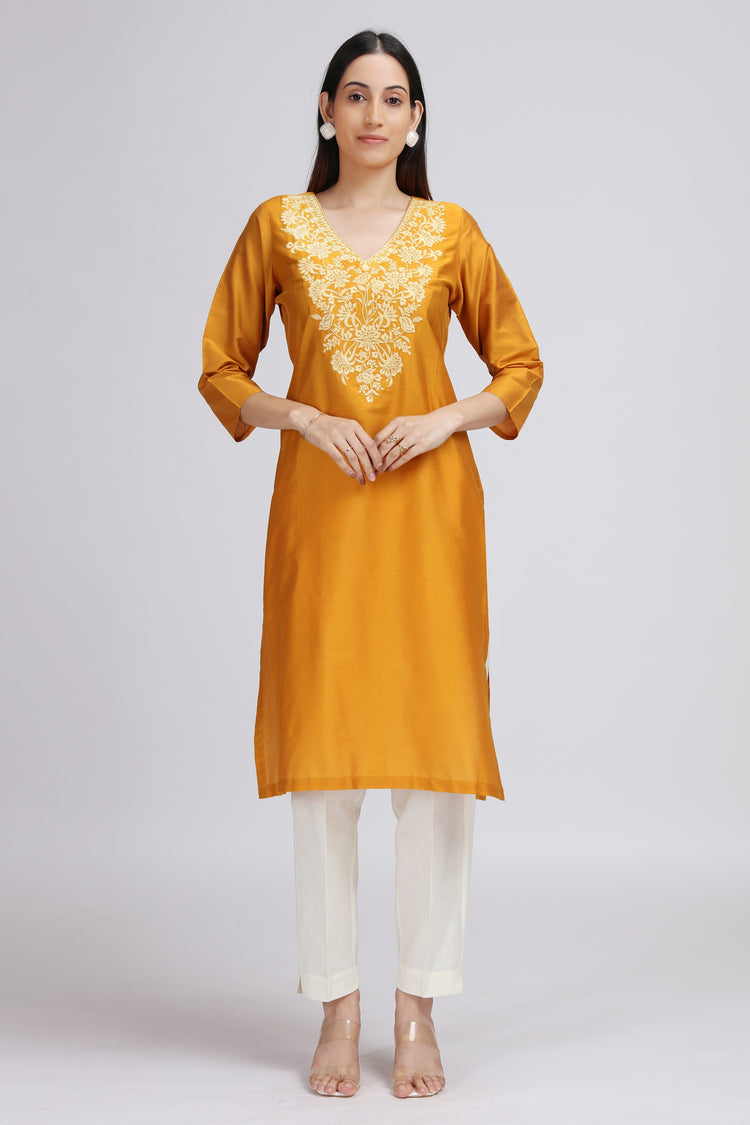 Yellow Floral Embroidered Straight Kurta