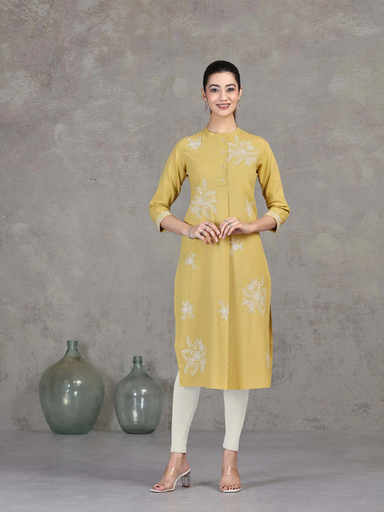 Yellow Floral Embroidered Straight Kurta