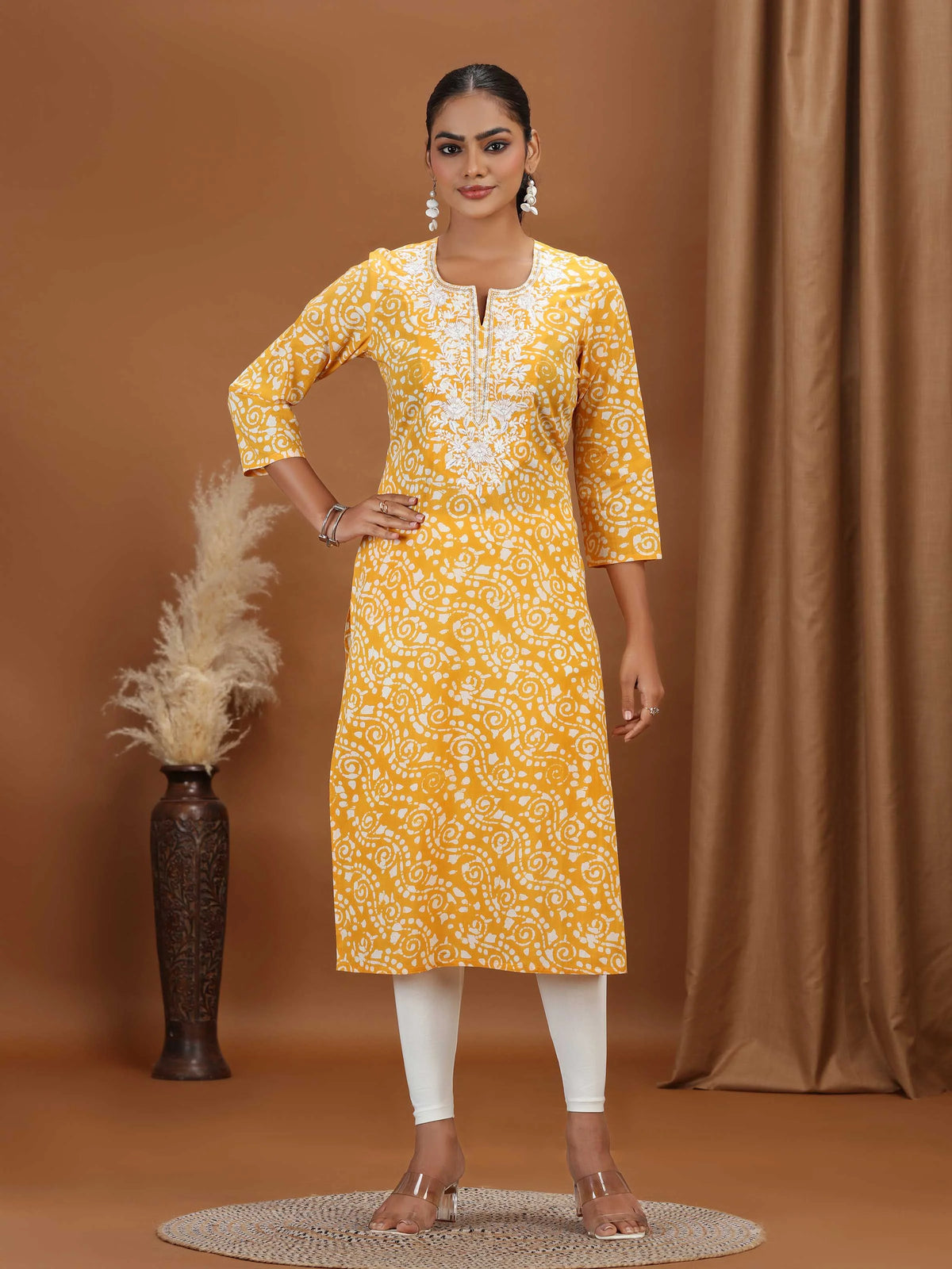 Yellow Embroidered Straight Kurta