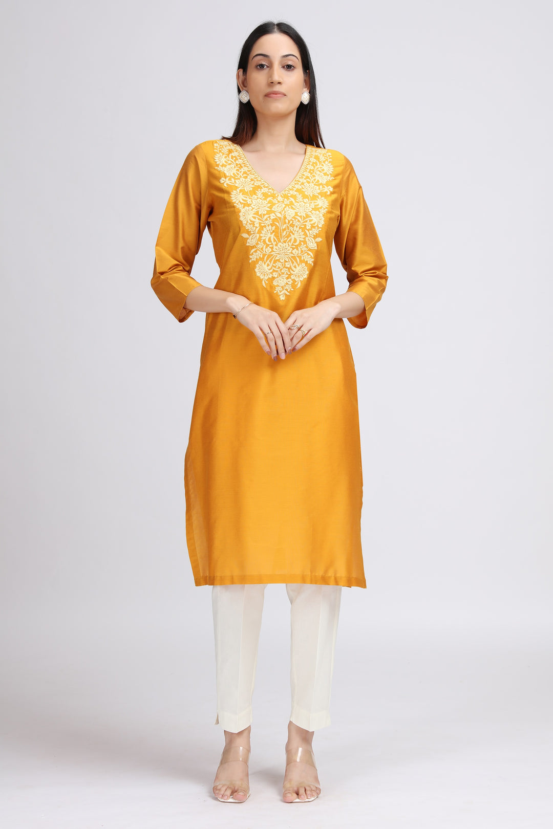 Yellow Floral Embroidered Straight Kurta