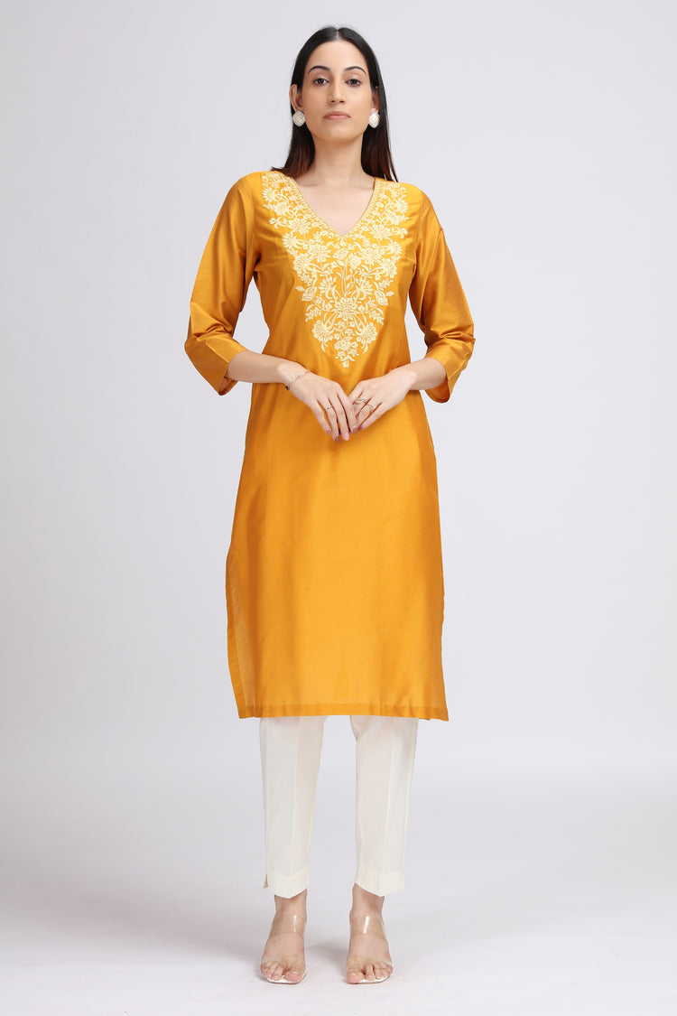 Yellow Floral Embroidered Straight Kurta