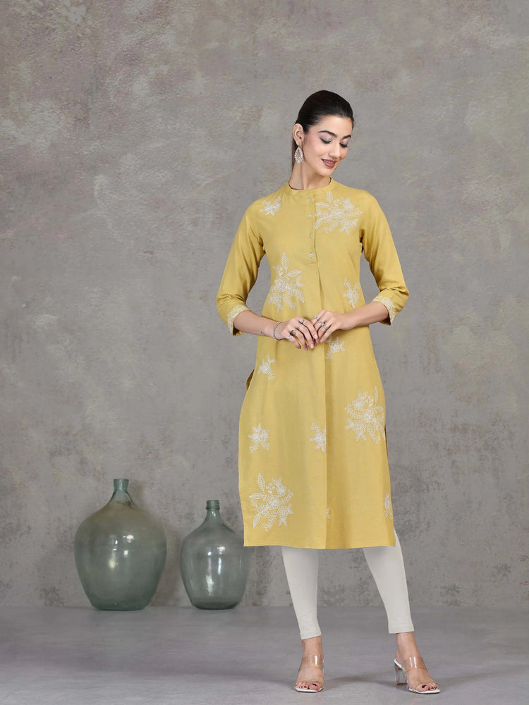 Yellow Floral Embroidered Straight Kurta