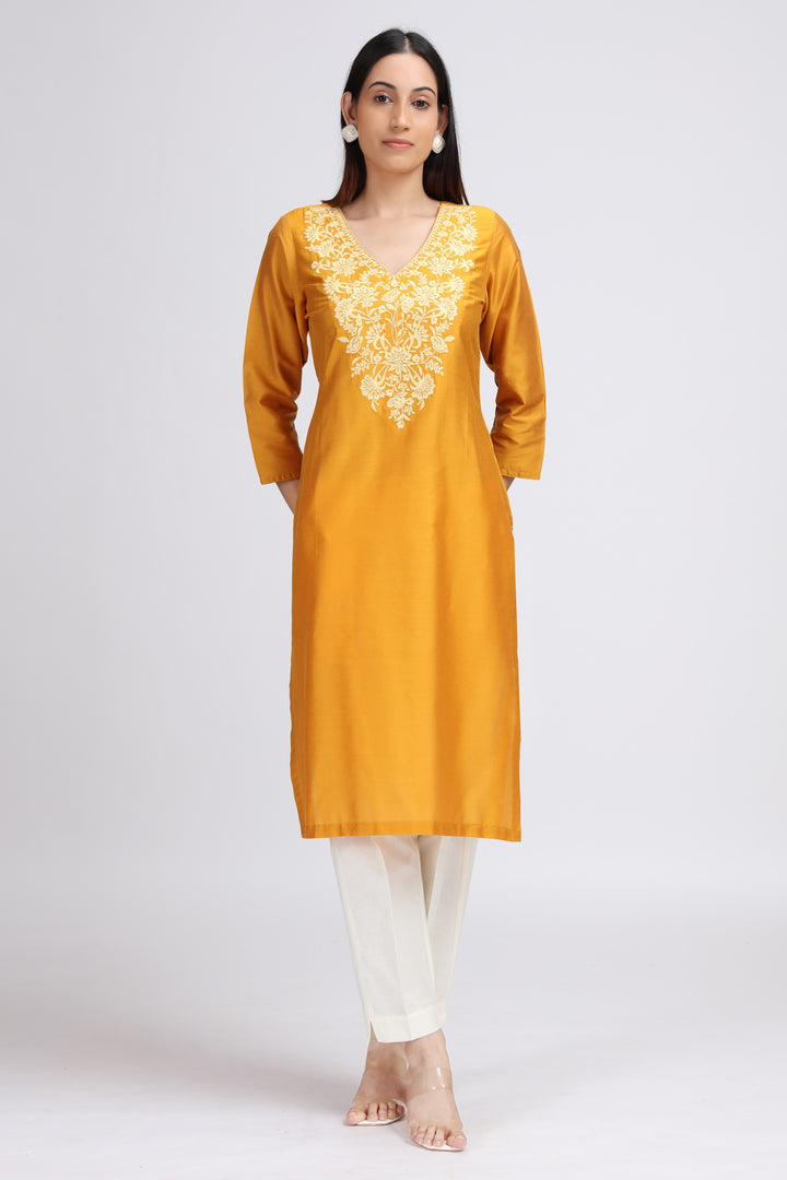 Yellow Floral Embroidered Straight Kurta
