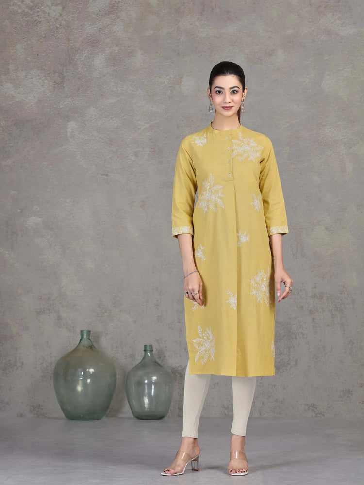 Yellow Floral Embroidered Straight Kurta