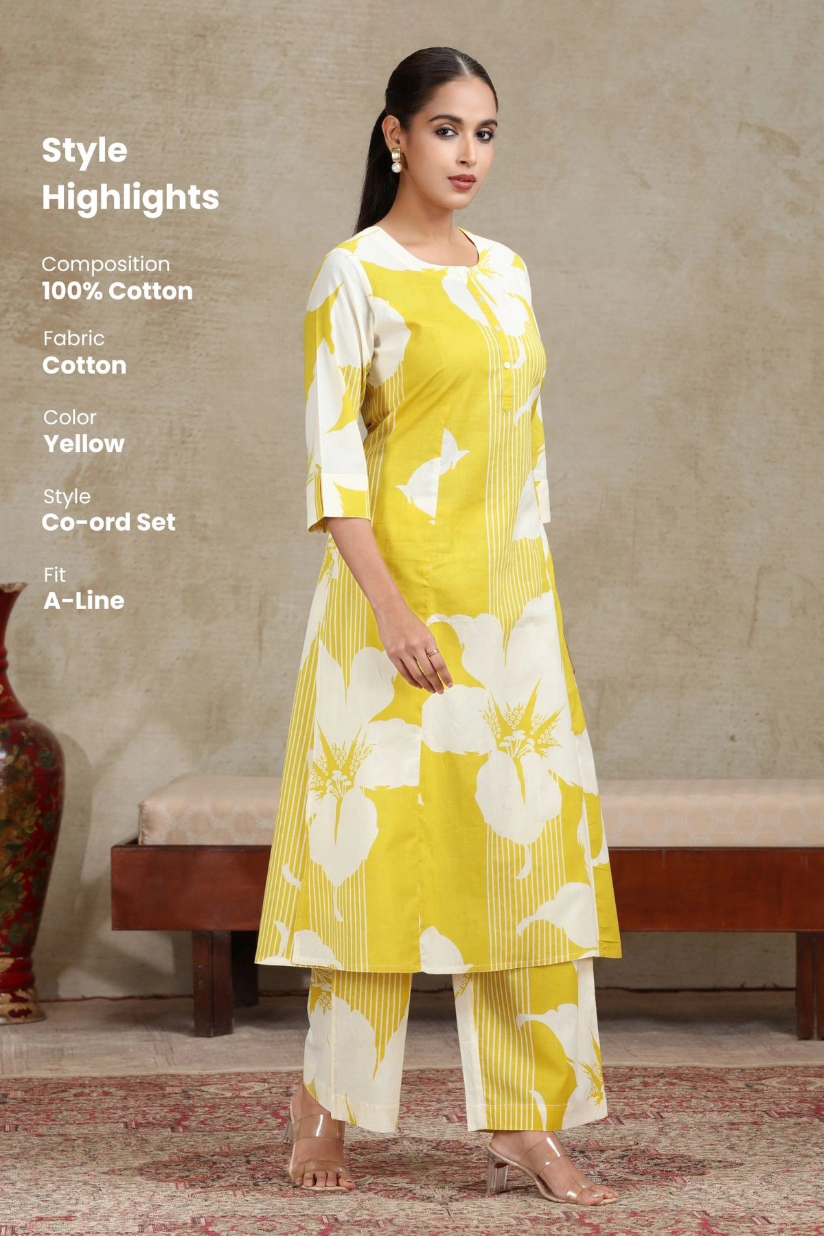 Yellow Floral Printed A-Line Co-ord Set