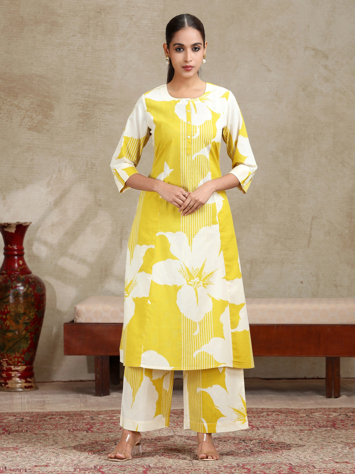 Yellow Floral Printed A-Line Co-ord Set