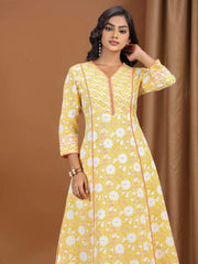 Yellow Floral Printed Cotton A-Line Co-ord Set