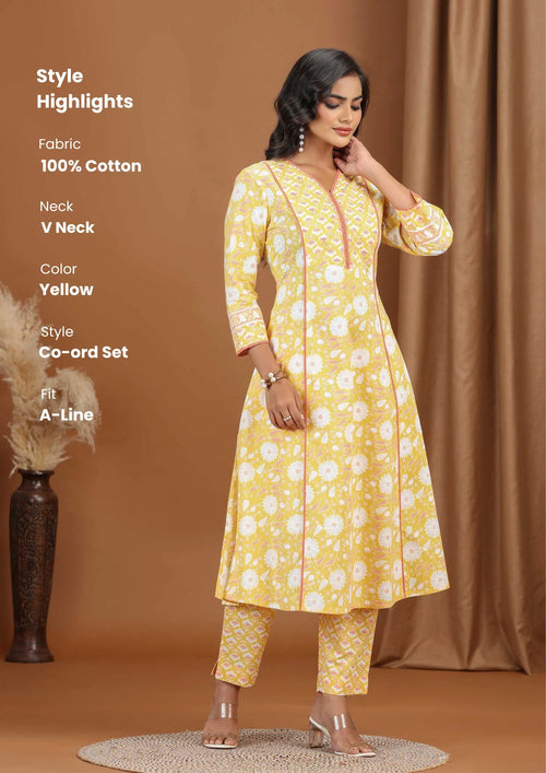Yellow Floral Printed Cotton A-Line Co-ord Set