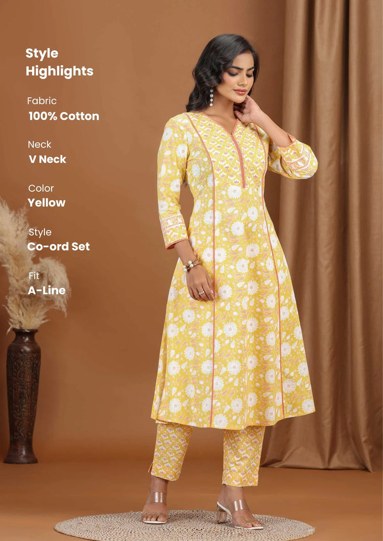 Yellow Floral Printed Cotton A-Line Co-ord Set
