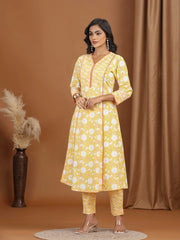 Yellow Floral Printed Cotton A-Line Co-ord Set