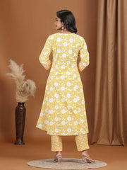 Yellow Floral Printed Cotton A-Line Co-ord Set