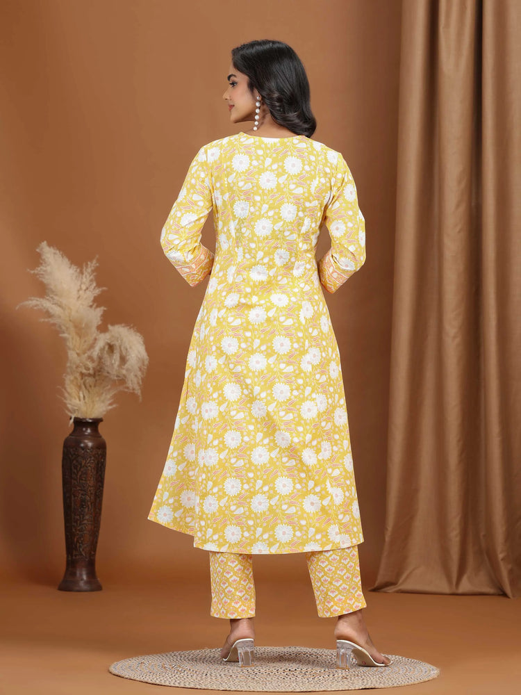 Yellow Floral Printed Cotton A-Line Co-ord Set