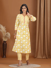 Yellow Floral Printed Cotton A-Line Co-ord Set