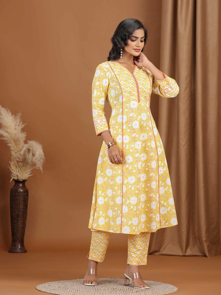Yellow Floral Printed Cotton A-Line Co-ord Set