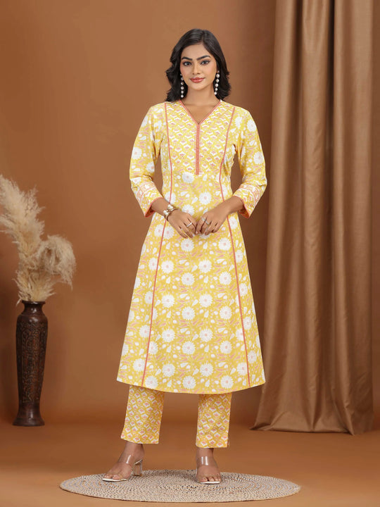 Yellow Floral Printed Cotton A-Line Co-ord Set