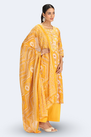 Yellow Cotton Embroidered Straight Kurta Pant and Dupatta Suit Set