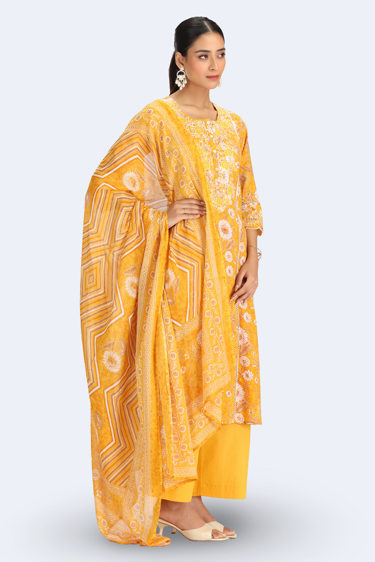 Yellow Cotton Embroidered Straight Kurta Pant and Dupatta Suit Set