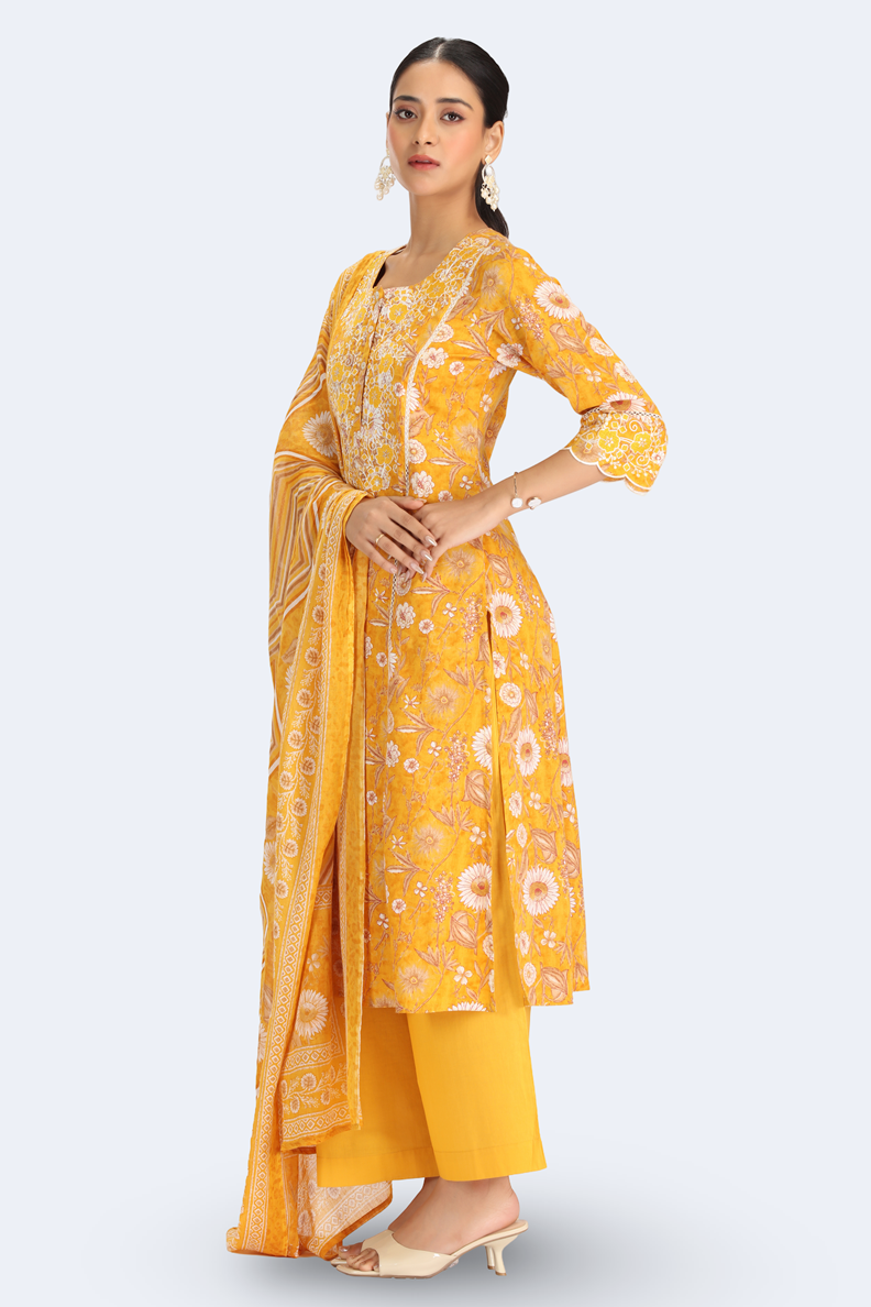 Yellow Cotton Embroidered Straight Kurta Pant and Dupatta Suit Set