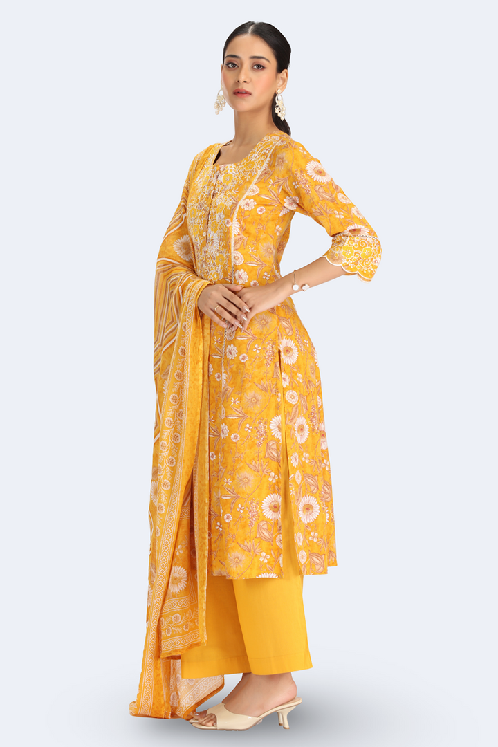 Yellow Cotton Embroidered Straight Kurta Pant and Dupatta Suit Set