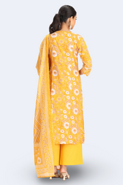 Yellow Cotton Embroidered Straight Kurta Pant and Dupatta Suit Set