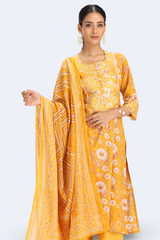 Yellow Cotton Embroidered Straight Kurta Pant and Dupatta Suit Set