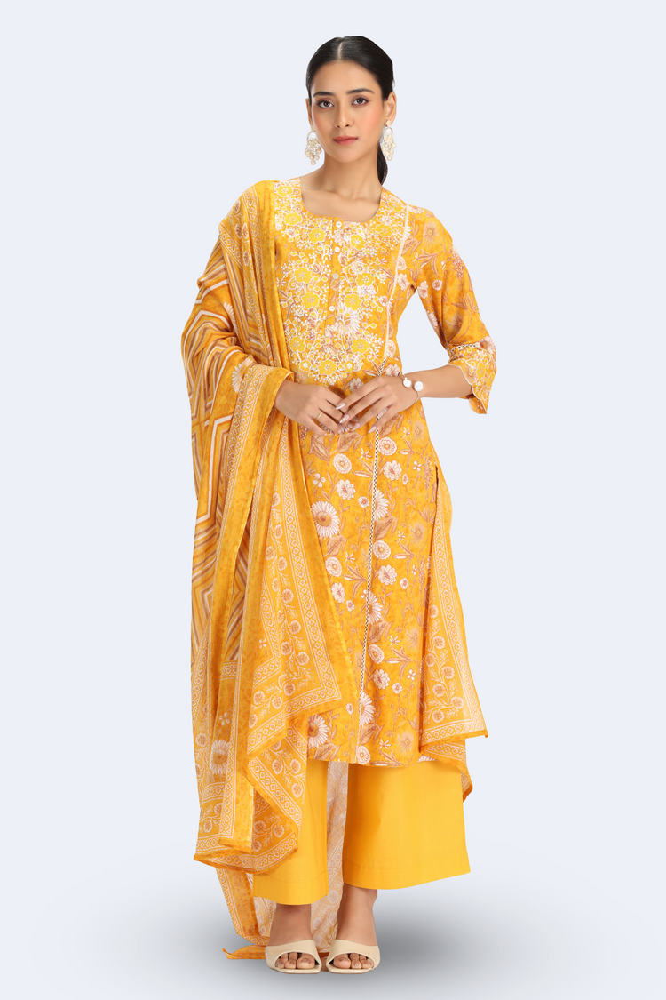 Yellow Cotton Embroidered Straight Kurta Pant and Dupatta Suit Set