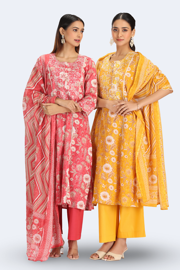 Yellow Cotton Embroidered Straight Kurta Pant and Dupatta Suit Set